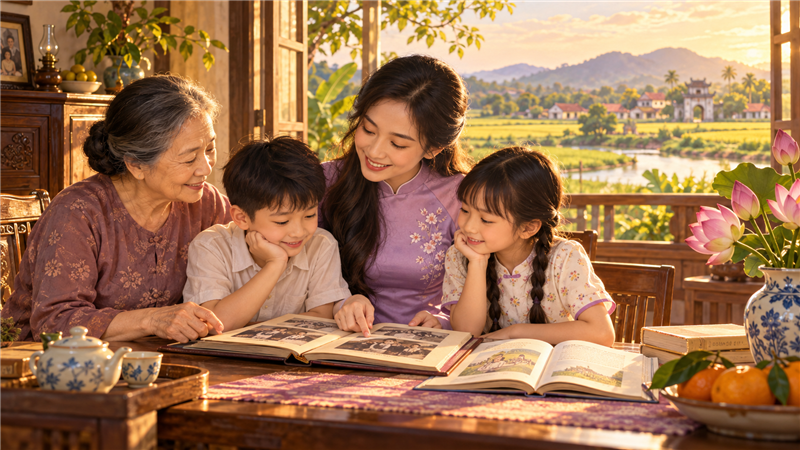 Người mẹ và bà cùng con đọc sách, nuôi dưỡng lòng biết ơn và giá trị gia đình Việt Nam